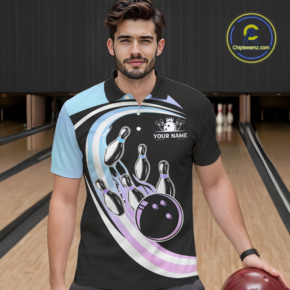 Blue Purple Gradient Bowling Shirts For Men Custom Bowling Team League Jersey, Gift For Bowler NQS10432