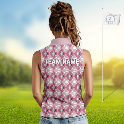 Women sleeveless polo shirt custom pink argyle plaid pattern golf attire for ladies NQS10443