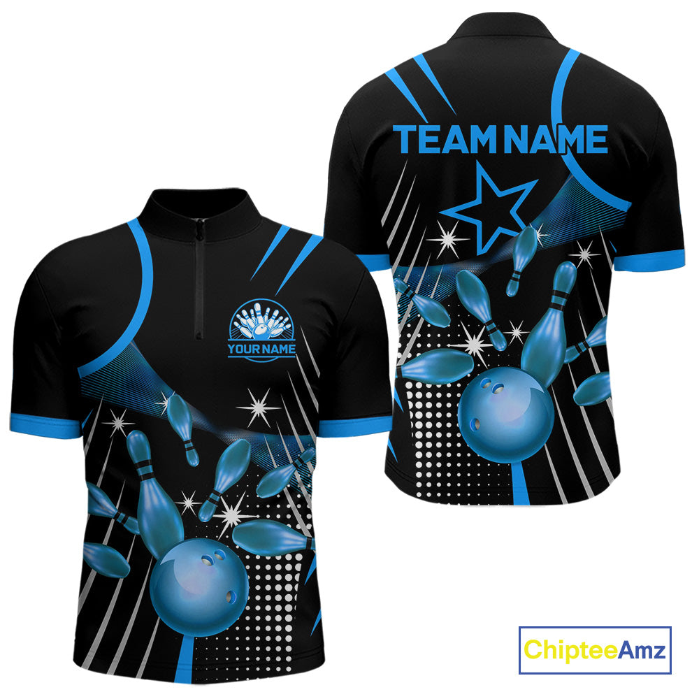 Black and Blue Mens Bowling Polo, Quarter Zip Shirts Custom Bowling outfit men Team Jerseys NQS9956