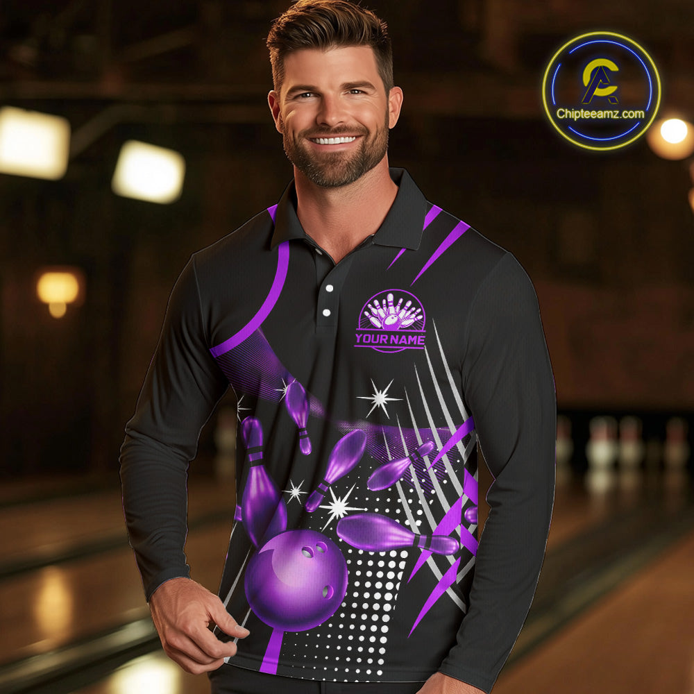 Black and Purple Mens Bowling Polo, Quarter Zip Shirts Custom Bowling outfit men Team Jerseys NQS9958