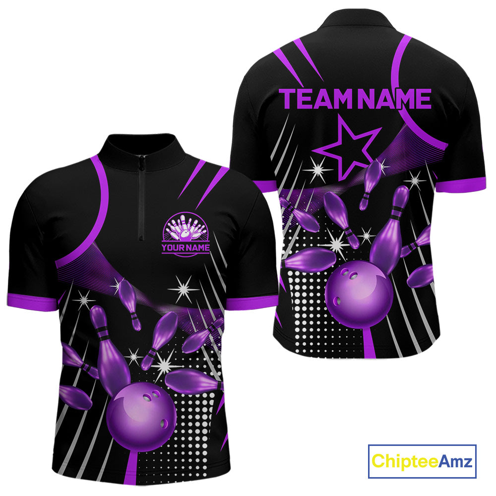 Black and Purple Mens Bowling Polo, Quarter Zip Shirts Custom Bowling outfit men Team Jerseys NQS9958