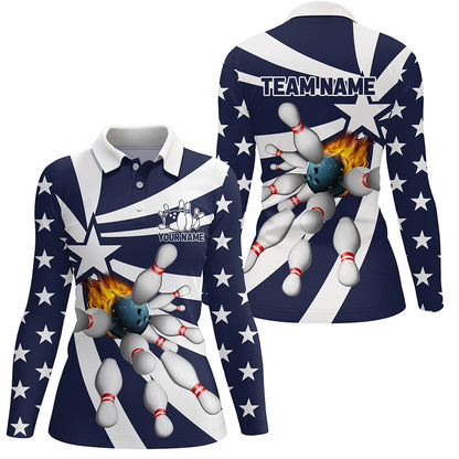 Blue and white Women polo, quarter zip bowling shirt Custom flame bowling star team league jerseys NQS7820