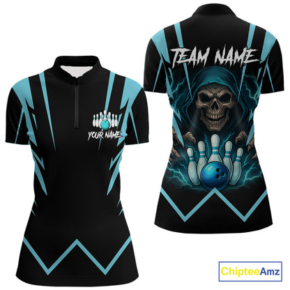 Black and Blue Reaper Skull lightning Bowling Shirts for Women Custom Team Bowling league jersey NQS10869
