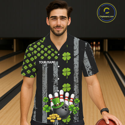 Custom Grunge US Flag Green Shamrock St Patrick Bowling Hawaiian shirts, button up bowling shirts NQS11450