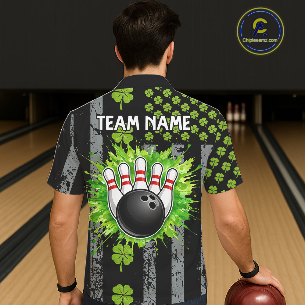 Custom Grunge US Flag Green Shamrock St Patrick Bowling Hawaiian shirts, button up bowling shirts NQS11450