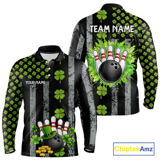 Custom Black Grunge US Flag Green Shamrock St Patrick Bowling polo shirts for men, bowling jersey men NQS11450