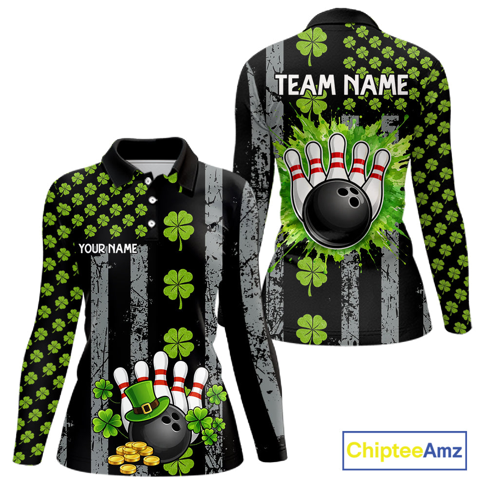 Custom Grunge US Flag Green Shamrock St Patrick Bowling shirts for women, bowling attire for women NQS11450