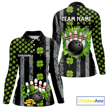 Custom Grunge US Flag Green Shamrock St Patrick Bowling shirts for women, bowling attire for women NQS11450
