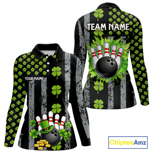 Custom Grunge US Flag Green Shamrock St Patrick Bowling shirts for women, bowling attire for women NQS11450