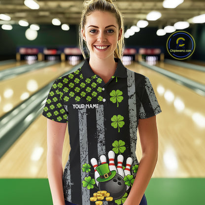 Custom Grunge US Flag Green Shamrock St Patrick Bowling shirts for women, bowling attire for women NQS11450