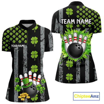 Custom Grunge US Flag Green Shamrock St Patrick Bowling shirts for women, bowling attire for women NQS11450