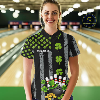 Custom Grunge US Flag Green Shamrock St Patrick Bowling shirts for women, bowling attire for women NQS11450