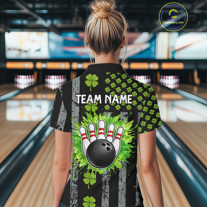 Custom Grunge US Flag Green Shamrock St Patrick Bowling shirts for women, bowling attire for women NQS11450