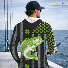 Load image into Gallery viewer, Custom Black Grunge US Flag Green Shamrock St Patrick Largemouth Bass Fishing Shirts, Bass Jerseys NQS11451