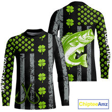 Load image into Gallery viewer, Custom Black Grunge US Flag Green Shamrock St Patrick Largemouth Bass Fishing Shirts, Bass Jerseys NQS11451