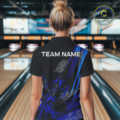 Black and Blue Flame Bowling Polo, Quarter Zip Shirts For Women Custom Bowling Outfit Team Jerseys NQS9962