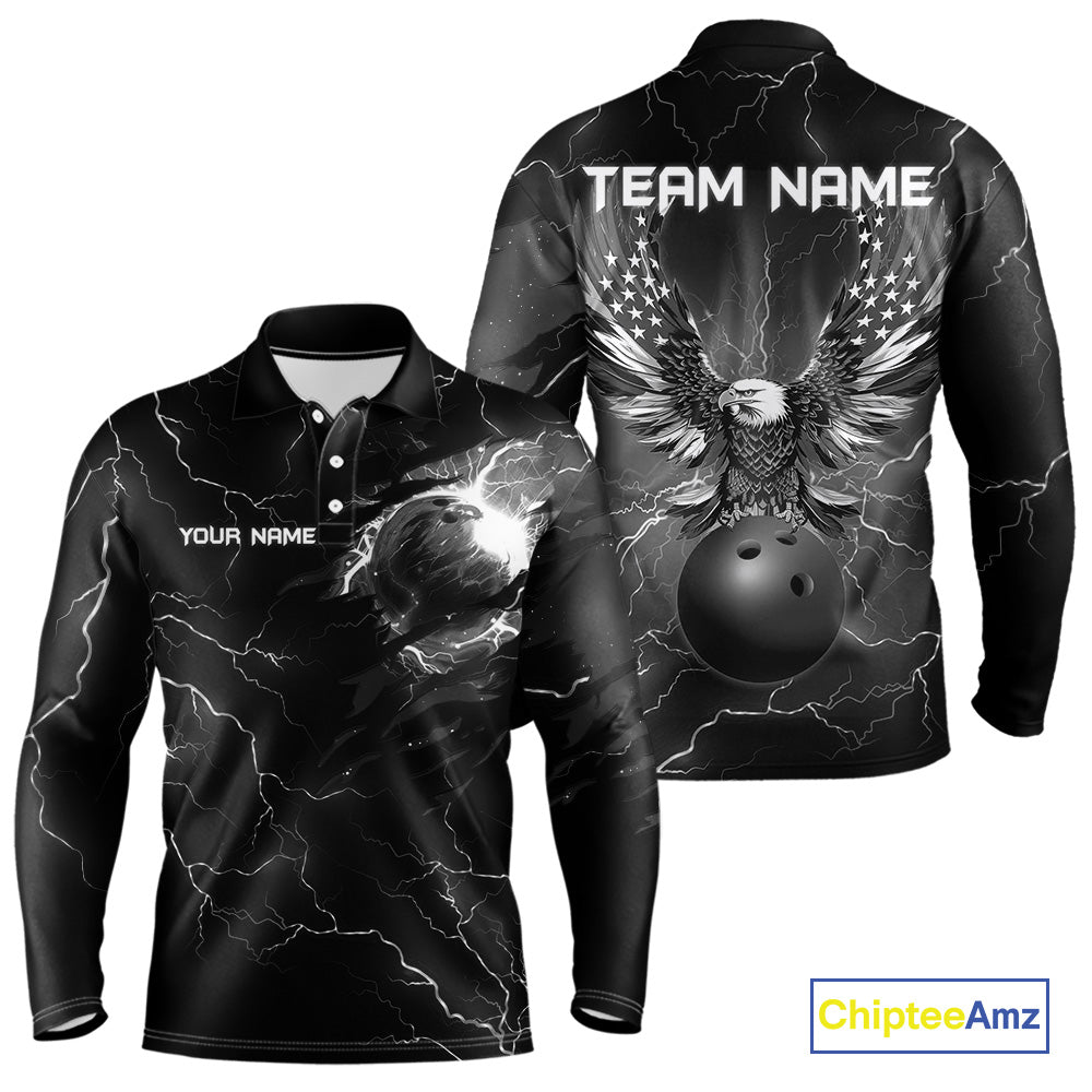 Black lightning thunder bowling American flag Eagle custom Mens Bowling Polo, Quarter Zip Shirts NQS10112