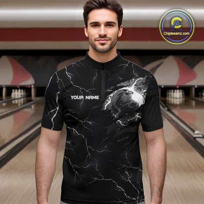 Black lightning thunder bowling American flag Eagle custom Mens Bowling Polo, Quarter Zip Shirts NQS10112