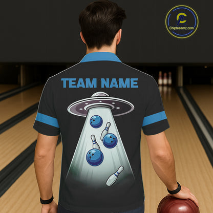 Black and Blue ufo alien Retro Bowling Hawaiian shirt Custom Bowling Team button up shirt NQS11462