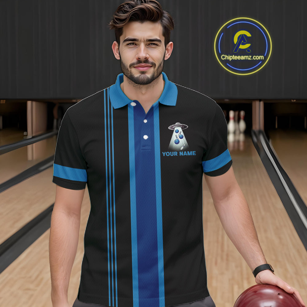 Black and Blue ufo alien Retro Bowling Polo, Quarter Zip Shirts for men Custom Bowling Team Jersey NQS11462