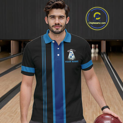 Black and Blue ufo alien Retro Bowling Polo, Quarter Zip Shirts for men Custom Bowling Team Jersey NQS11462