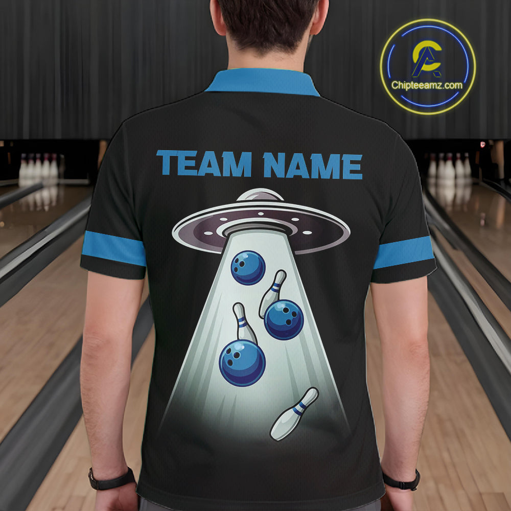 Black and Blue ufo alien Retro Bowling Polo, Quarter Zip Shirts for men Custom Bowling Team Jersey NQS11462