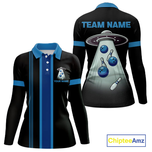 Black and Blue ufo alien Retro Bowling Polo, Quarter Zip Shirts for Women Custom Bowling Team Jersey NQS11462