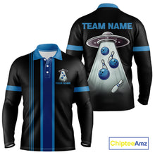 Load image into Gallery viewer, Black and Blue ufo alien Retro Bowling Polo, Quarter Zip Shirts for men Custom Bowling Team Jersey NQS11462