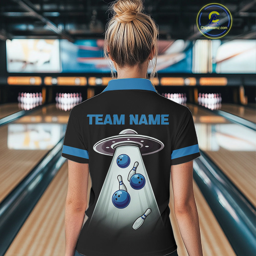 Black and Blue ufo alien Retro Bowling Polo, Quarter Zip Shirts for Women Custom Bowling Team Jersey NQS11462