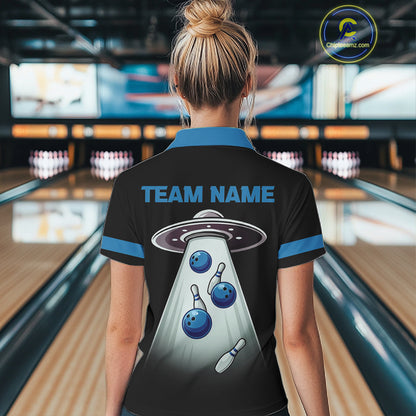 Black and Blue ufo alien Retro Bowling Polo, Quarter Zip Shirts for Women Custom Bowling Team Jersey NQS11462