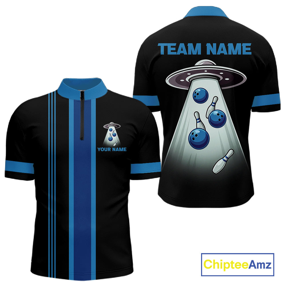 Black and Blue ufo alien Retro Bowling Polo, Quarter Zip Shirts for men Custom Bowling Team Jersey NQS11462