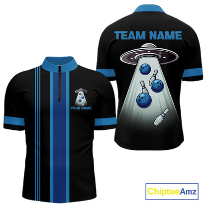 Black and Blue ufo alien Retro Bowling Polo, Quarter Zip Shirts for men Custom Bowling Team Jersey NQS11462
