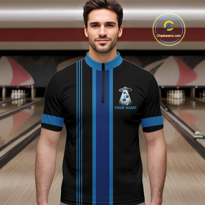 Black and Blue ufo alien Retro Bowling Polo, Quarter Zip Shirts for men Custom Bowling Team Jersey NQS11462