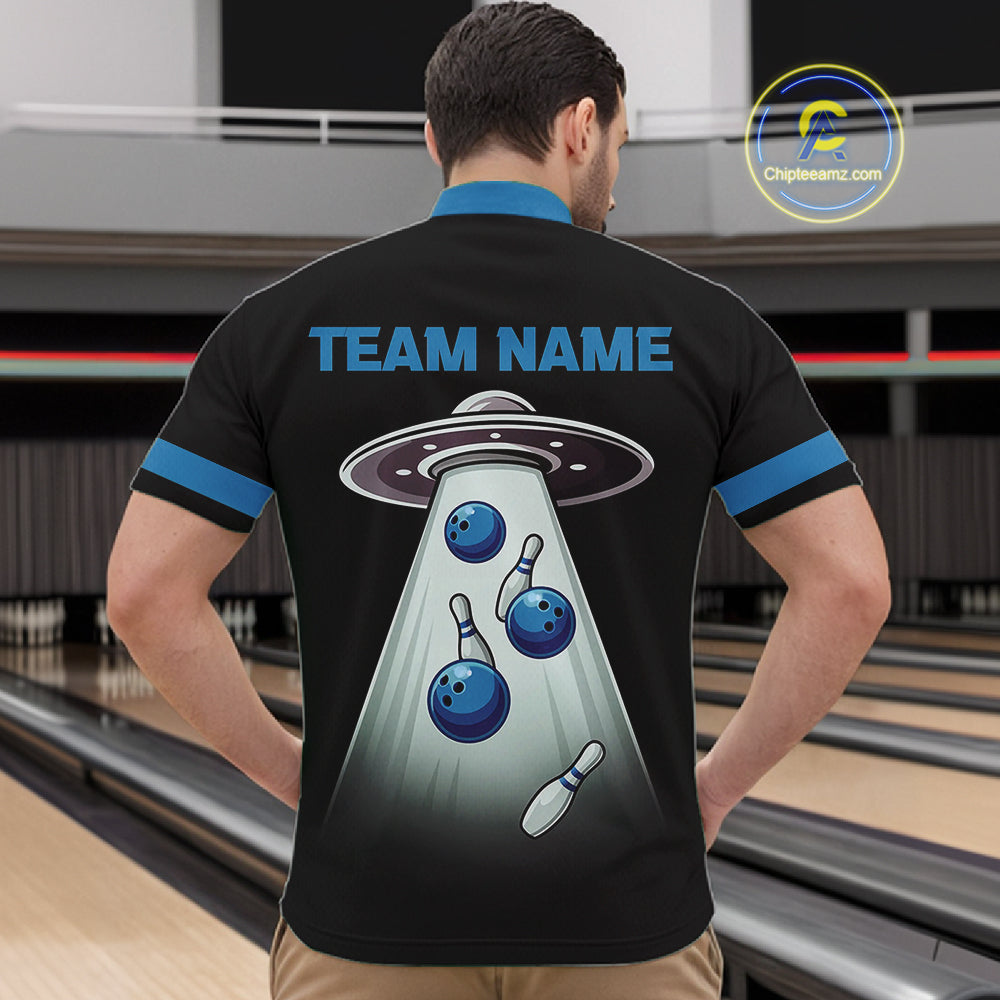Black and Blue ufo alien Retro Bowling Polo, Quarter Zip Shirts for men Custom Bowling Team Jersey NQS11462