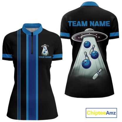 Black and Blue ufo alien Retro Bowling Polo, Quarter Zip Shirts for Women Custom Bowling Team Jersey NQS11462