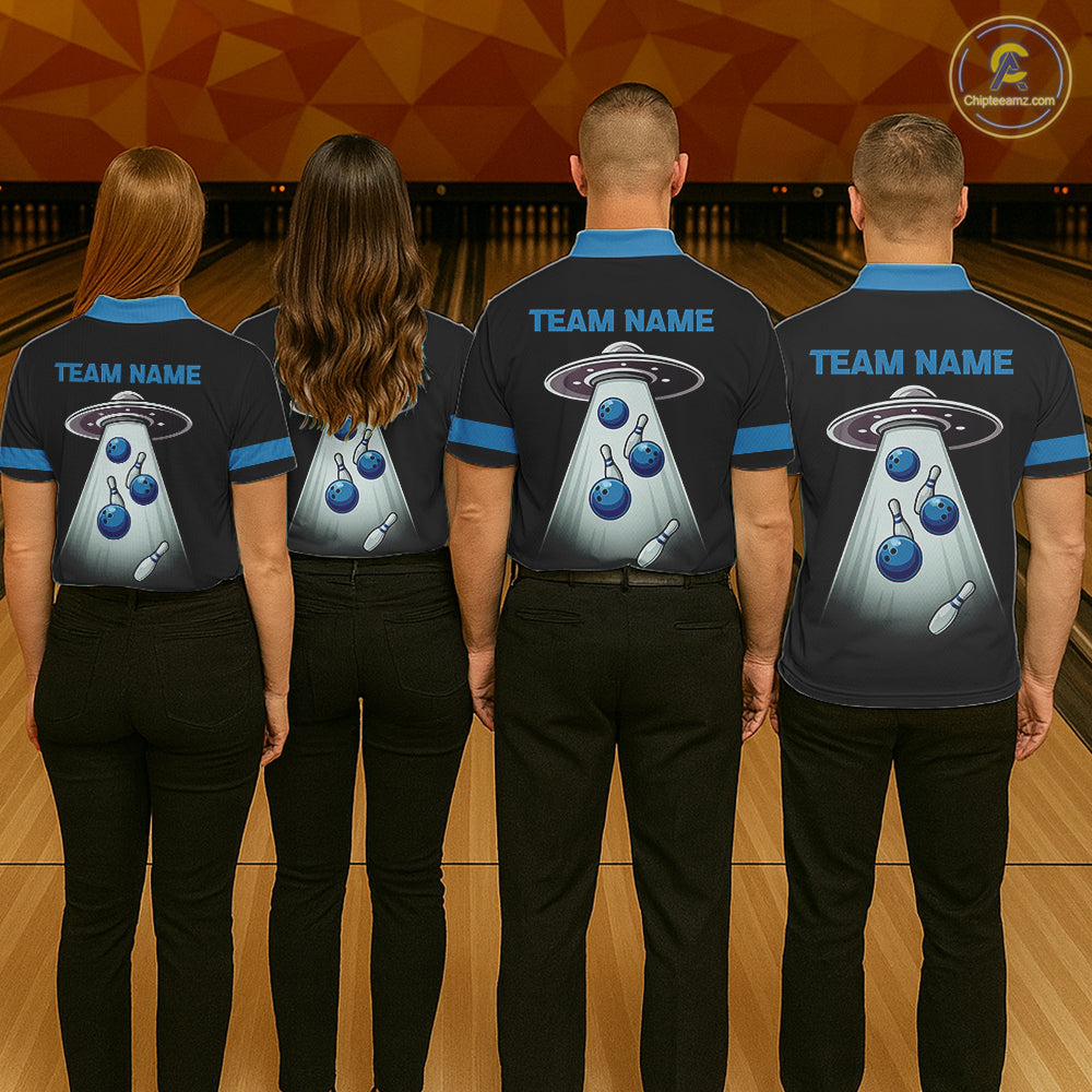 Black and Blue ufo alien Retro Bowling Polo, Quarter Zip Shirts for men Custom Bowling Team Jersey NQS11462