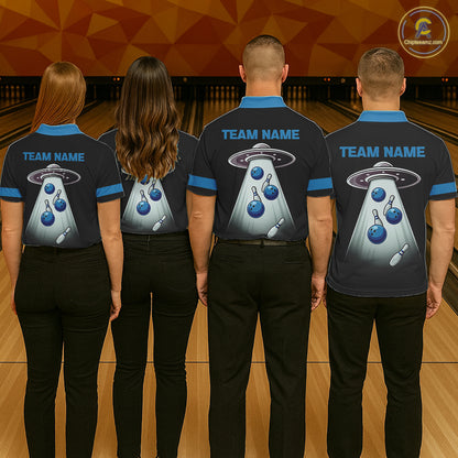 Black and Blue ufo alien Retro Bowling Polo, Quarter Zip Shirts for men Custom Bowling Team Jersey NQS11462