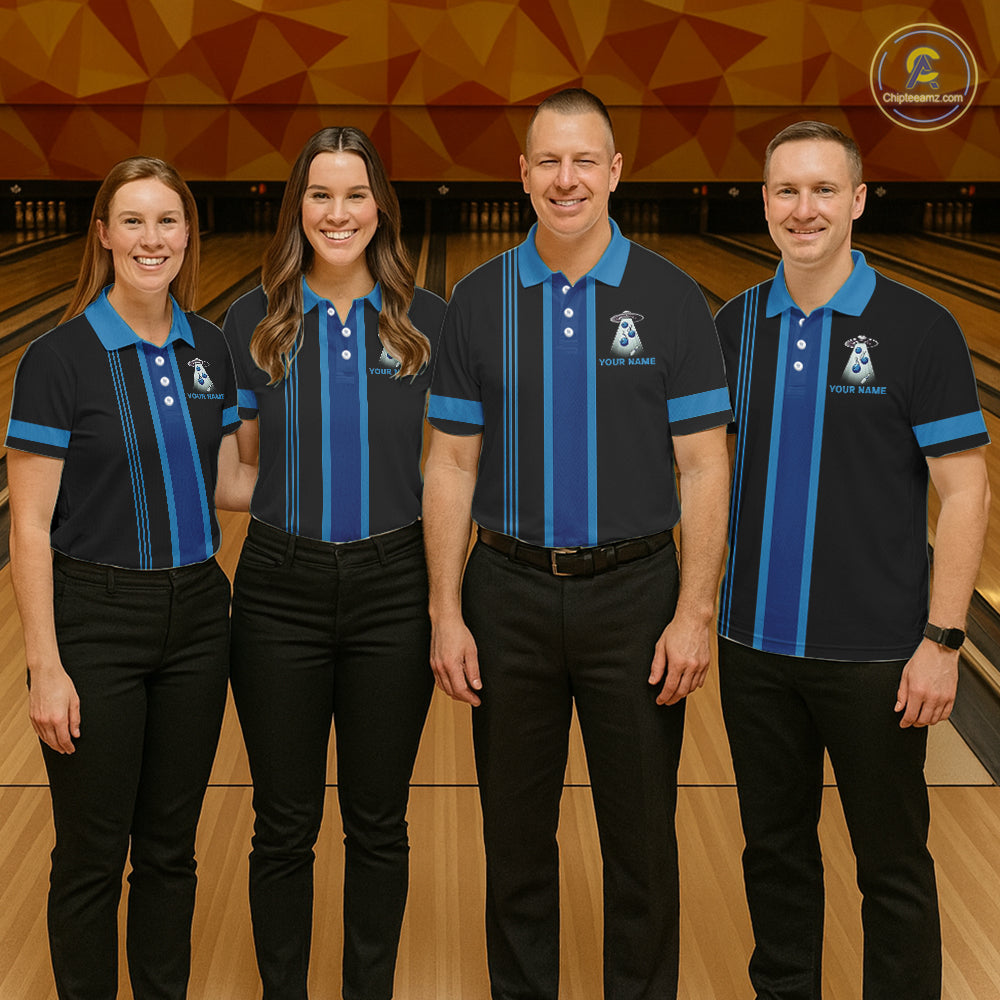 Black and Blue ufo alien Retro Bowling Polo, Quarter Zip Shirts for men Custom Bowling Team Jersey NQS11462