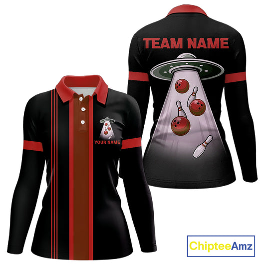 Black and Red ufo alien Retro Bowling Polo, Quarter Zip Shirts for Women Custom Bowling Team Jersey NQS11463