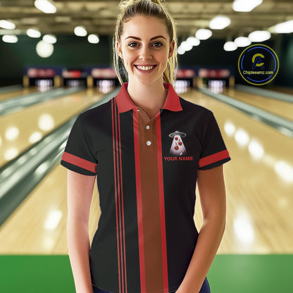 Black and Red ufo alien Retro Bowling Polo, Quarter Zip Shirts for Women Custom Bowling Team Jersey NQS11463