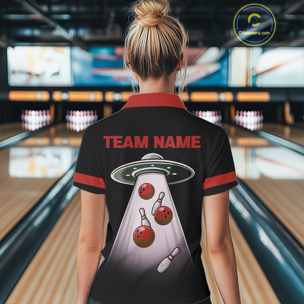 Black and Red ufo alien Retro Bowling Polo, Quarter Zip Shirts for Women Custom Bowling Team Jersey NQS11463