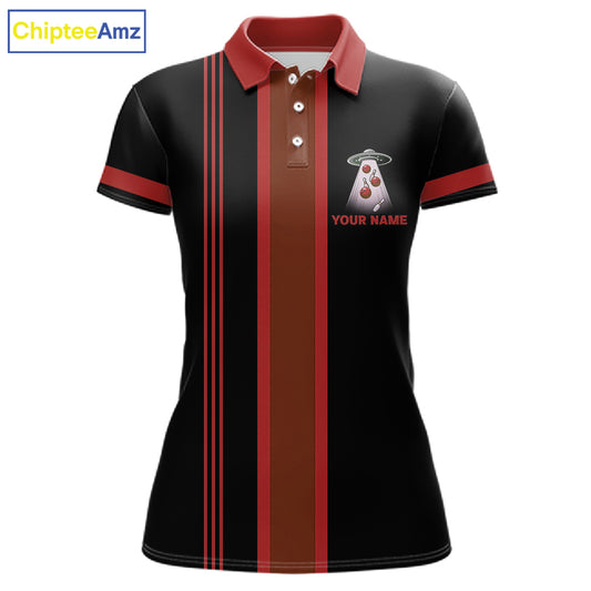 Black and Red ufo alien Retro Bowling Polo, Quarter Zip Shirts for Women Custom Bowling Team Jersey NQS11463