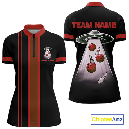 Black and Red ufo alien Retro Bowling Polo, Quarter Zip Shirts for Women Custom Bowling Team Jersey NQS11463