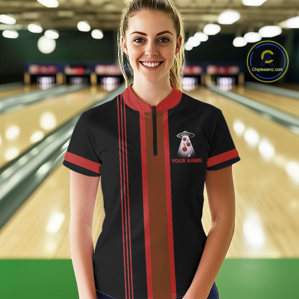 Black and Red ufo alien Retro Bowling Polo, Quarter Zip Shirts for Women Custom Bowling Team Jersey NQS11463