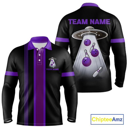 Black and Purple ufo alien Retro Bowling Polo, Quarter Zip Shirts for men Custom Bowling Team Jersey NQS11464