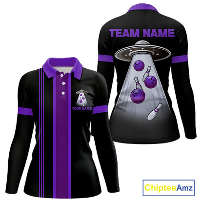 Black and Purple ufo alien Retro Bowling Polo, Quarter Zip Shirt for Women Custom Bowling Team Jersey NQS11464