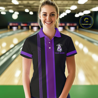 Black and Purple ufo alien Retro Bowling Polo, Quarter Zip Shirt for Women Custom Bowling Team Jersey NQS11464