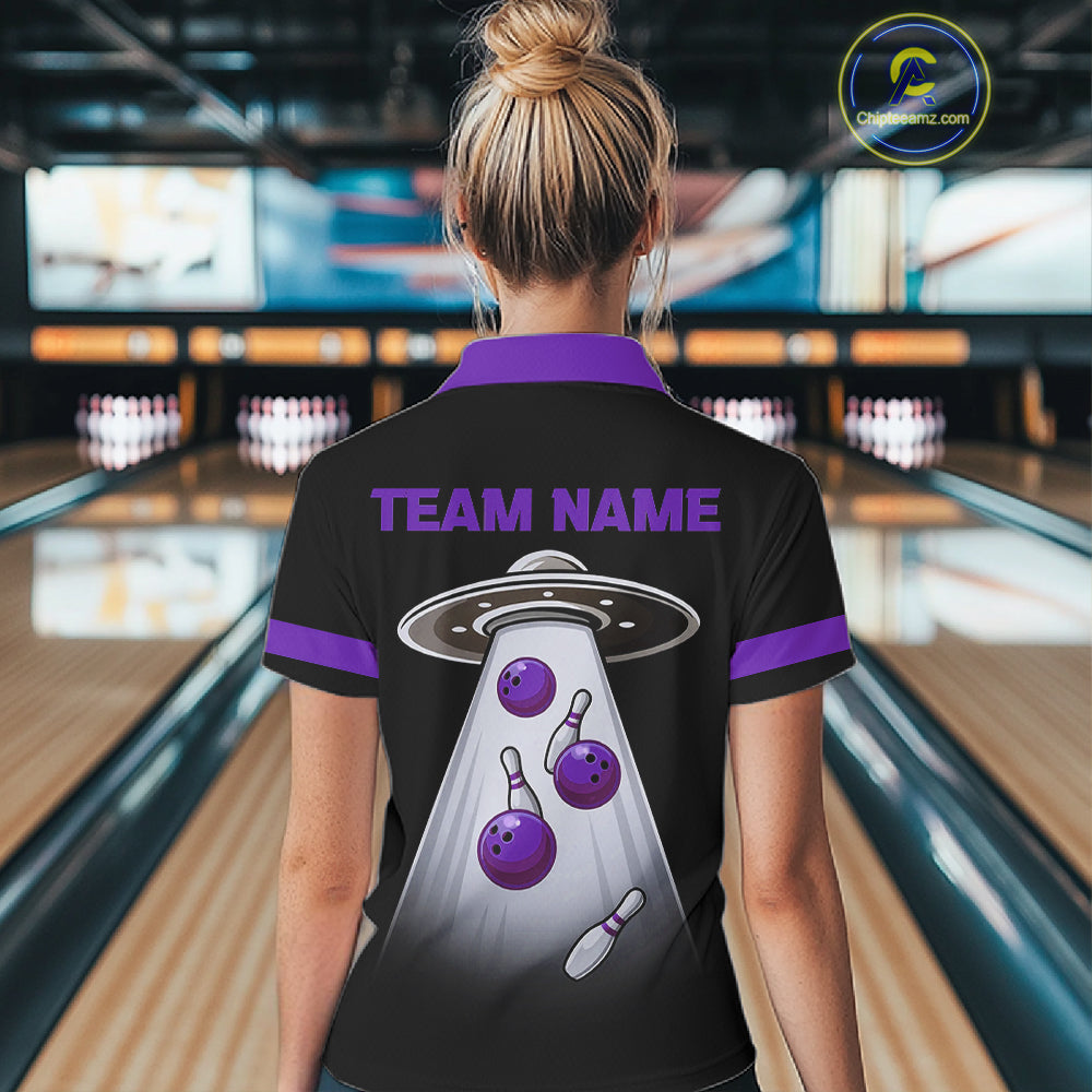 Black and Purple ufo alien Retro Bowling Polo, Quarter Zip Shirt for Women Custom Bowling Team Jersey NQS11464