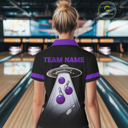 Black and Purple ufo alien Retro Bowling Polo, Quarter Zip Shirt for Women Custom Bowling Team Jersey NQS11464