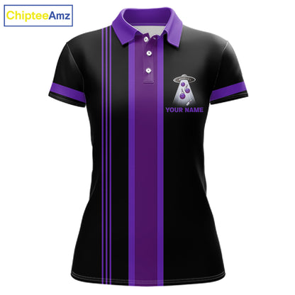 Black and Purple ufo alien Retro Bowling Polo, Quarter Zip Shirt for Women Custom Bowling Team Jersey NQS11464